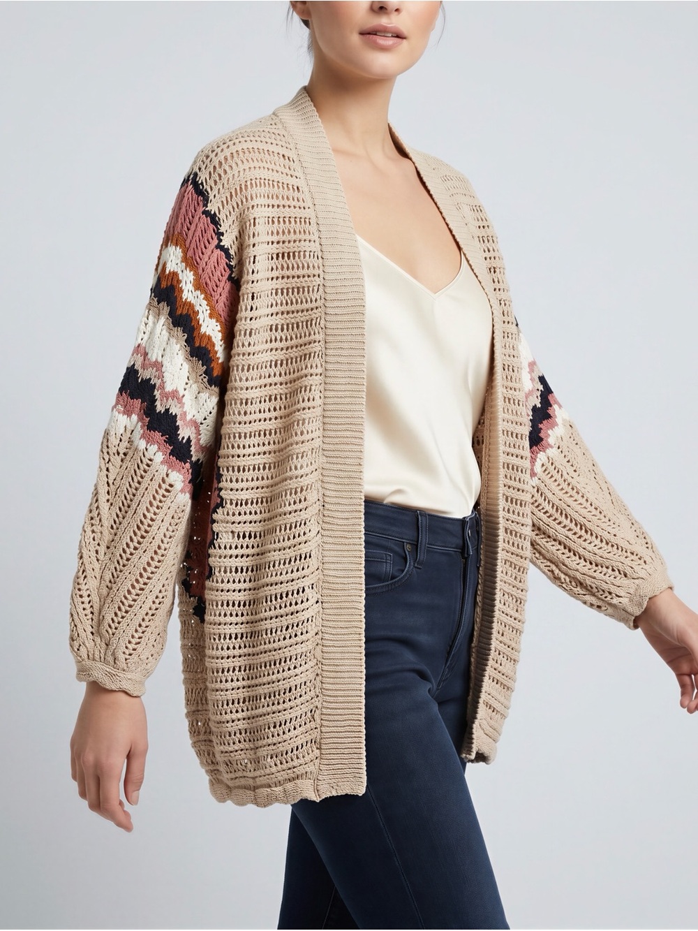 Maurices Beige Open-Weave Cardigan with Multicolor Stripe Sleeves